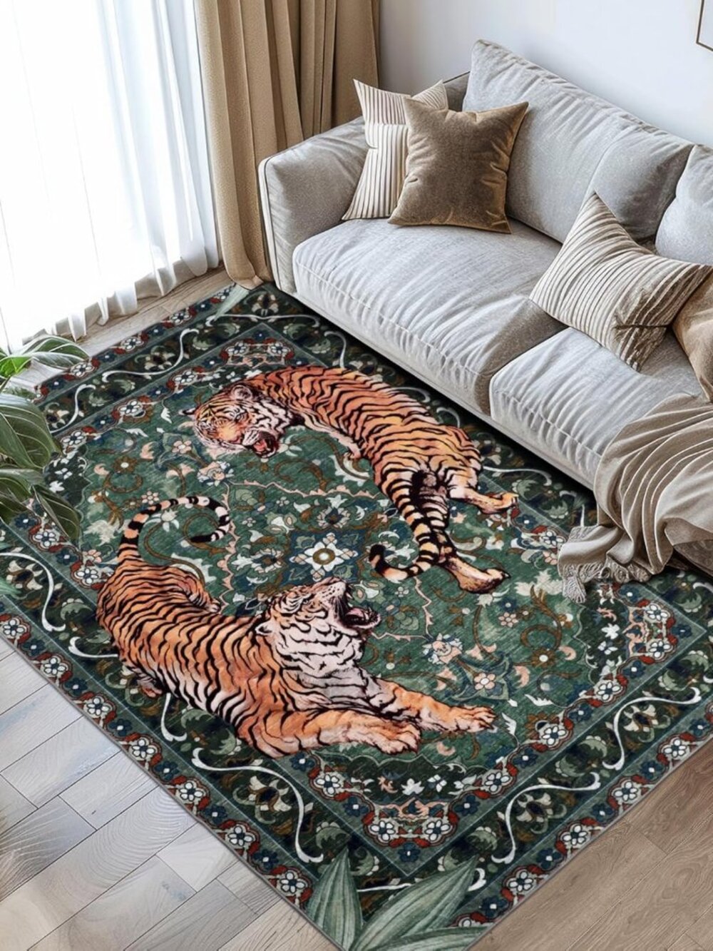 Tiger Washable Area Rugs 5x7ft, Boho Soft Living Room Carpets, Botanical Jungle